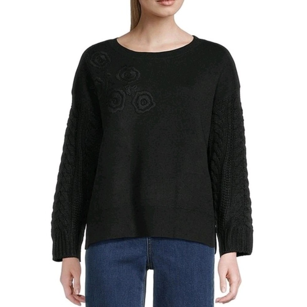 John Mark Floral Embroidered Crew Neck Long Cable Knit Sleeve Sweater Black Sz M